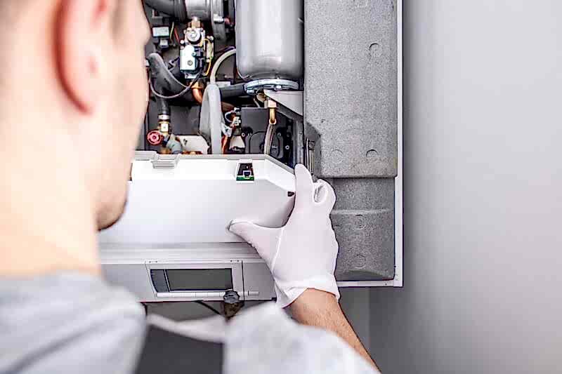 man repairing furnace in a home
